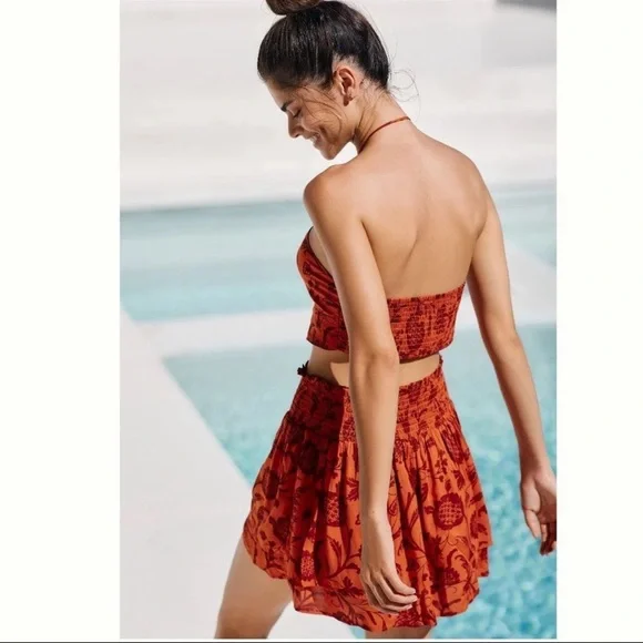 Anthropologie Two-Piece Set Beaded Bandeau Tie Front Top & Smocked Mini Skirt XL - Picture 2 of 11